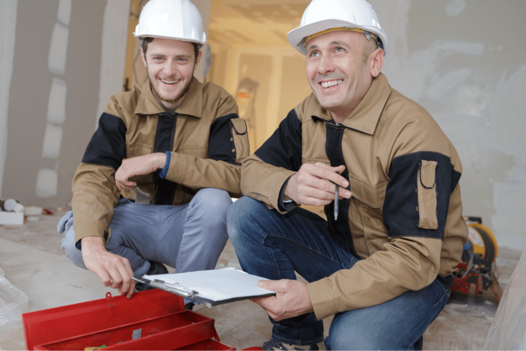 Two construction workers smiling while on the job site. The foreman on the right is holding a clipboard while the younger worker on the left is opening a red toolbox.